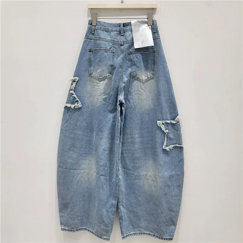 2026 Spring Summer New Sweet Cool Spicy Girl Style Star Patch Crooked Knife Jeans Women Loose Slimming Wide Leg Banana Pants