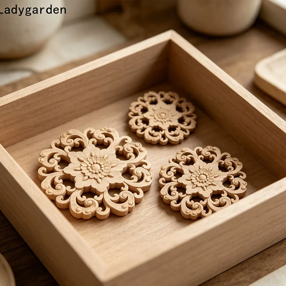 2PCS 10-24CM Furniture Wood Carving Appliques Vintage Statues Decor Cabinet Door Sculptures Decals Flowers Pattern Carved Crafts