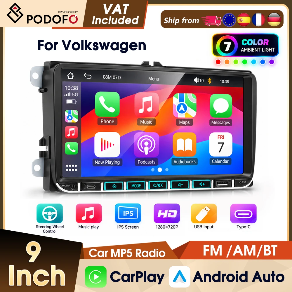 Autoradio Podofo 9" 2 Din per Volkswagen con schermo HD touch, lettore multimediale MP5, Bluetooth, FM, AM, RDS, EQ, USB, CarPlay wireless, Android Auto, Mirror Link