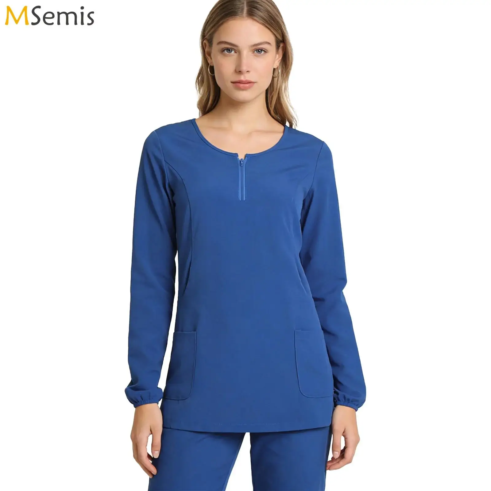 uniforme-medico-feminino-com-gola-redonda-e-ziper-camisa-de-manga-longa-com-multiplos-bolsos-para-enfermeiras-em-clinicas-odontologicas