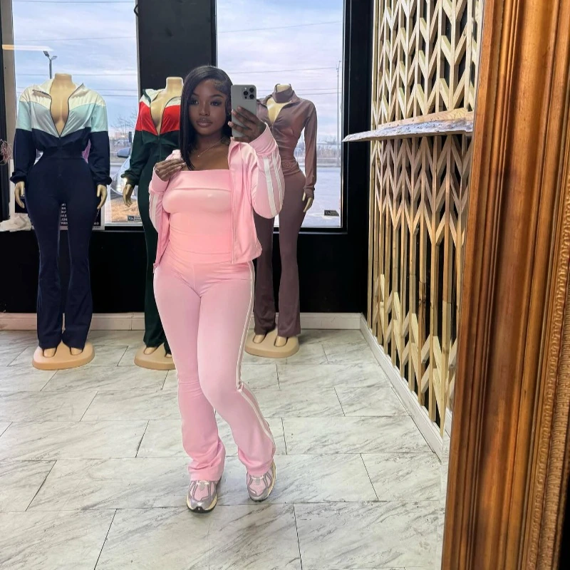 

Полосатый лоскутный женский комплект из трех предметов, спортивные костюмы, топы без бретелек + куртка на молнии с длинными рукавами + брюки-клеш, повседневные спортивные костюмы