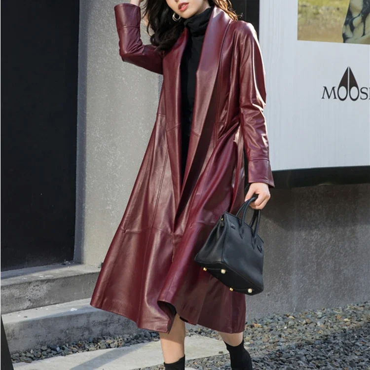 Jaqueta de pele de carneiro real para mulheres, comprimento médio, jaquetas de couro genuíno, trench coat na rua alta, roupas fashion, zm1143