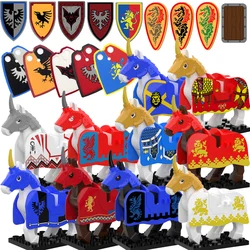 Medieval MOC Building Blocks Red Lion Blue Eagle War Horse Castle Knight Soldier Figure Cloak Shield Accessories Bricks Toy Gift