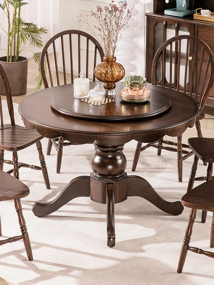 Round Table Solid Wood Petal Dining Table Round American Restaurant Furniture Walnut Color Log Small Unit