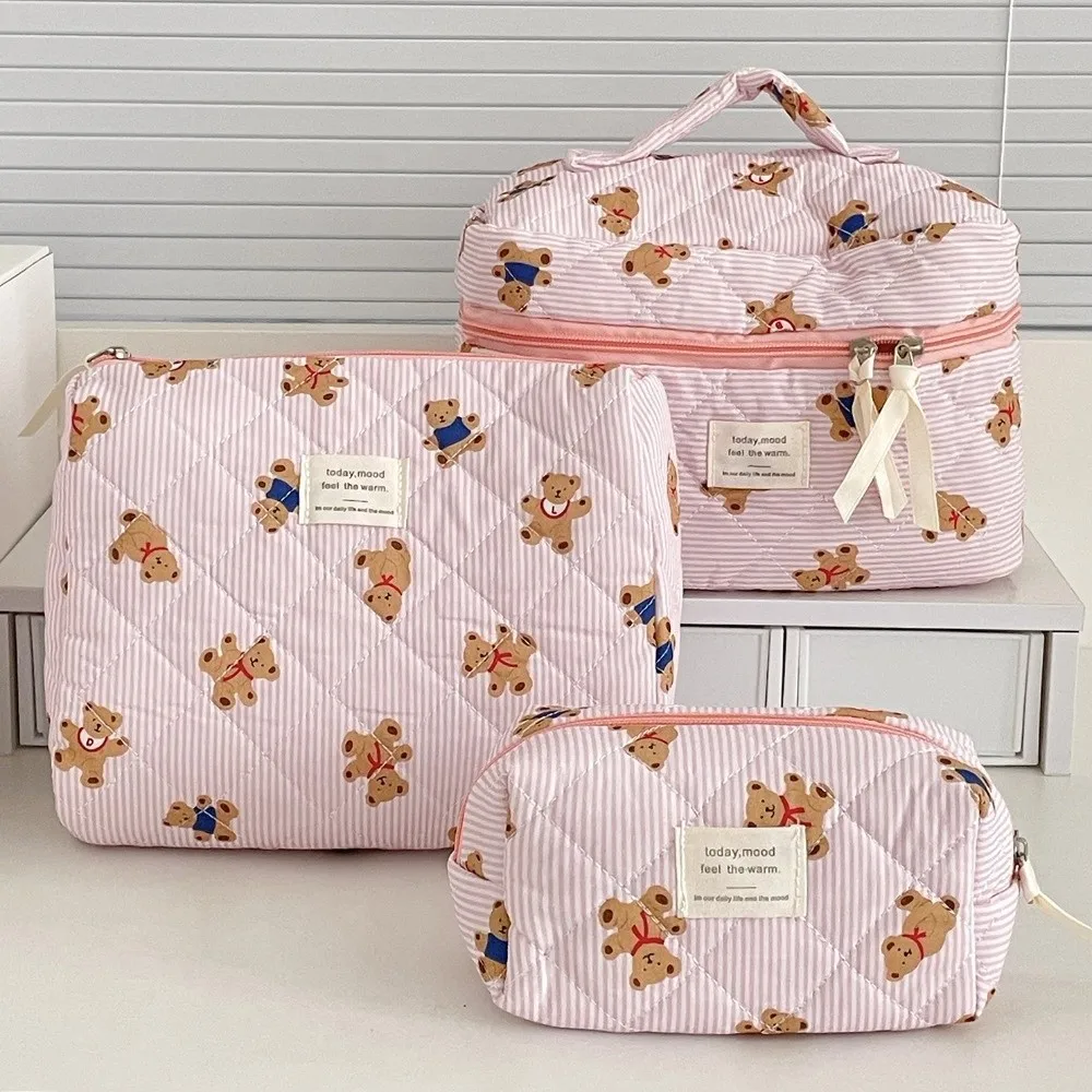 3PCS Multi-Layer Quilted Cotton Makeup Bag Soft Portable Toiletry Pouch Zipper Large Capacity Cartoon Cosmetic Organizer Women