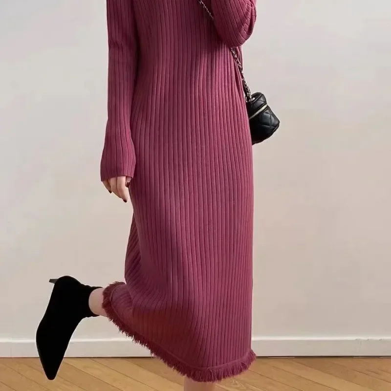 New Arrival Autumn/winter Women's Half-polo Turtle Neck Sweater Medium-length Overcoat Underlay Fringed Skirt Knit Dress