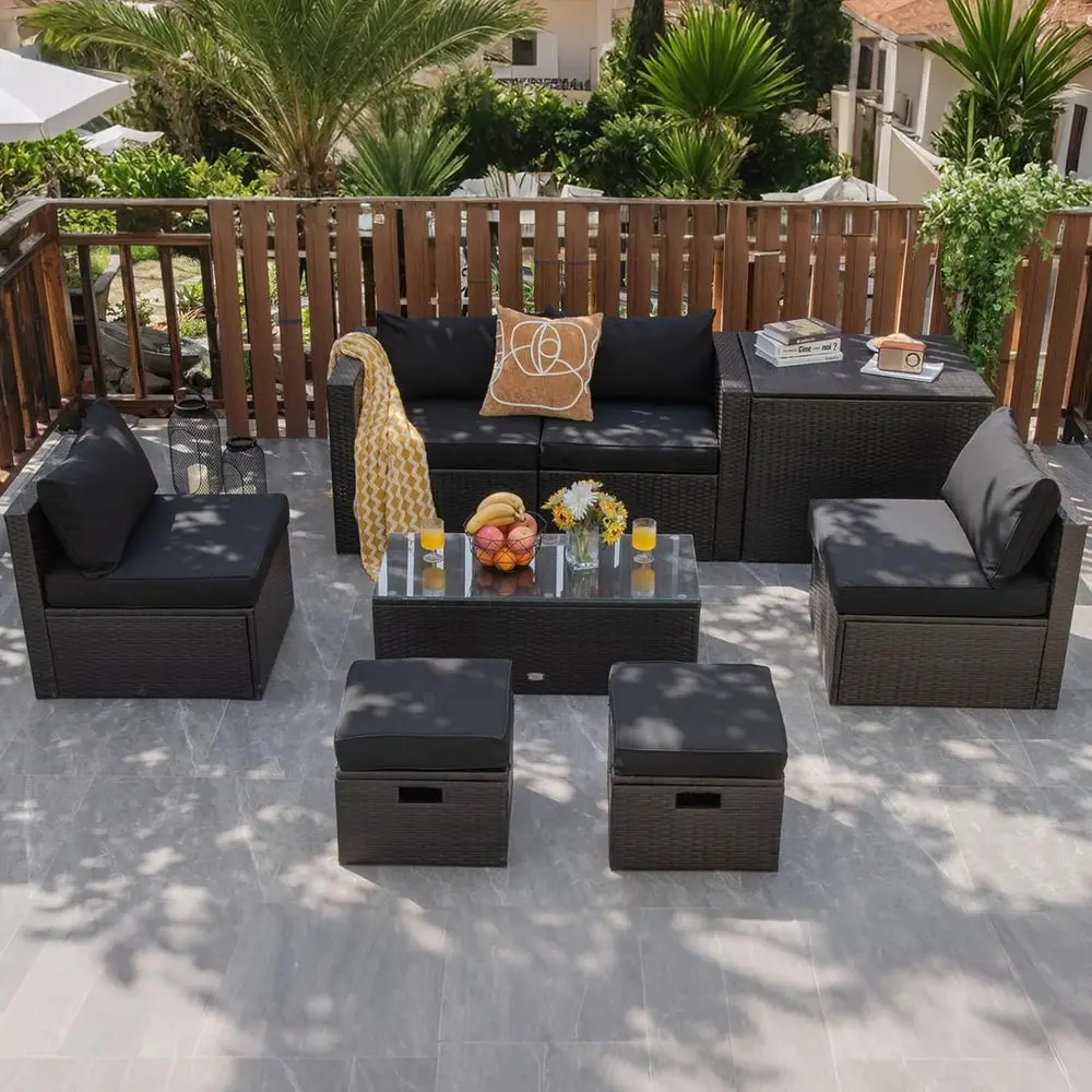 

Black Rattan Outdoor Patio Furniture Set with Sectional Sofa, Armchairs, Storage Ottoman, and Glass Coffee Table