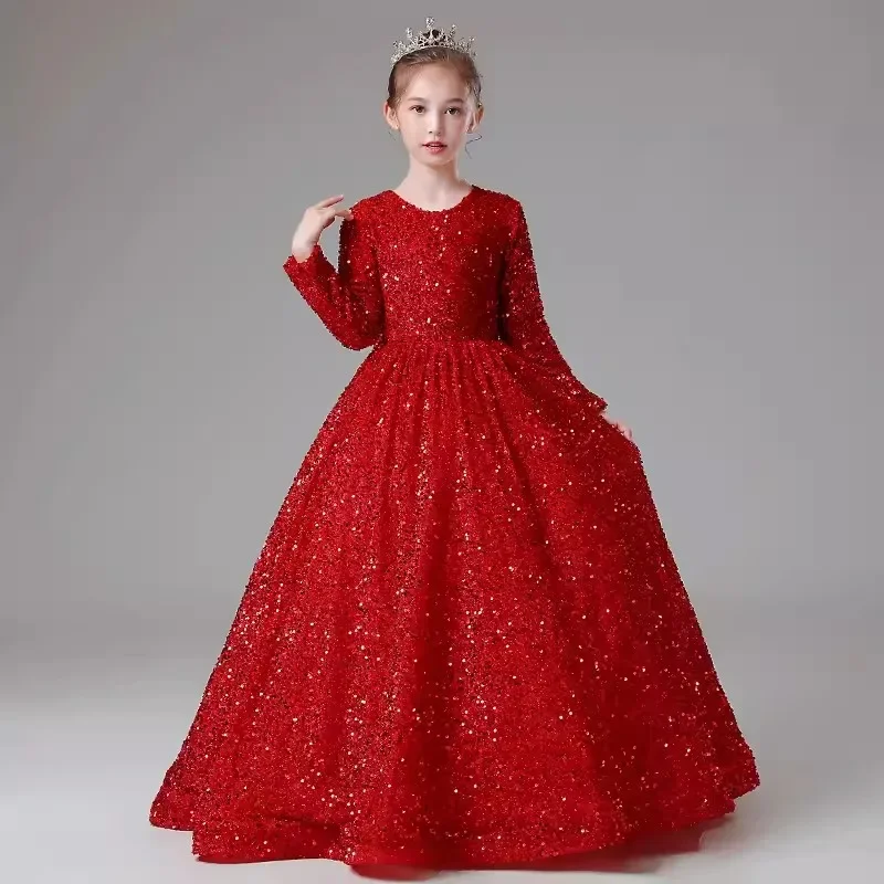 Little Girls Sequin Long Prom Dress Kids Elegant Evening Party Pageant Gown Teen Girls School Graduation Dress Long Sleeve