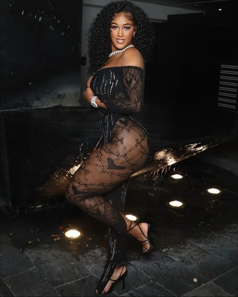 

Women Sexy Hollow Out Jacquard Knit Skinny Jumpsuits Off Shoulder Long Sleeve Booty Lifting Clubwear One Piece Overalls Lingerie