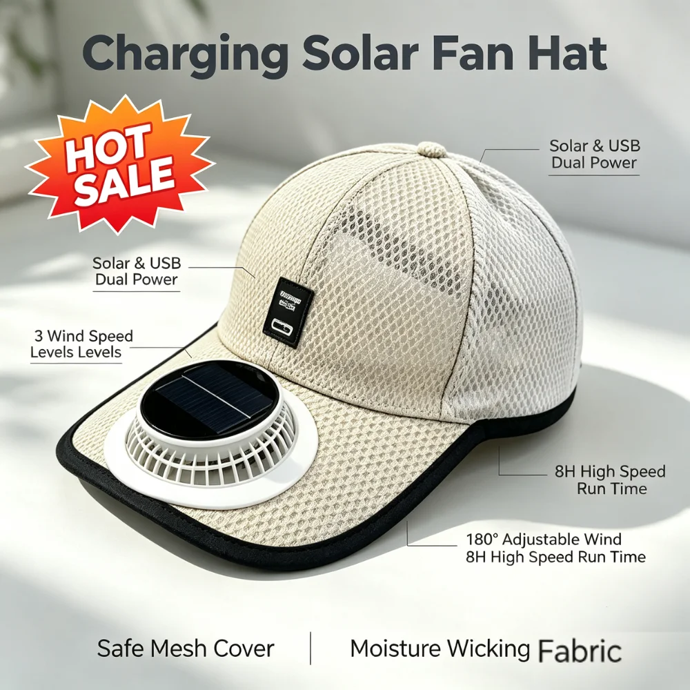 USB Solar Powered Fan Cap Wide Brim Moisture Wicking Hat 3 Speed Adjustable Cooling for Fishing Outdoor Work Summer Gift
