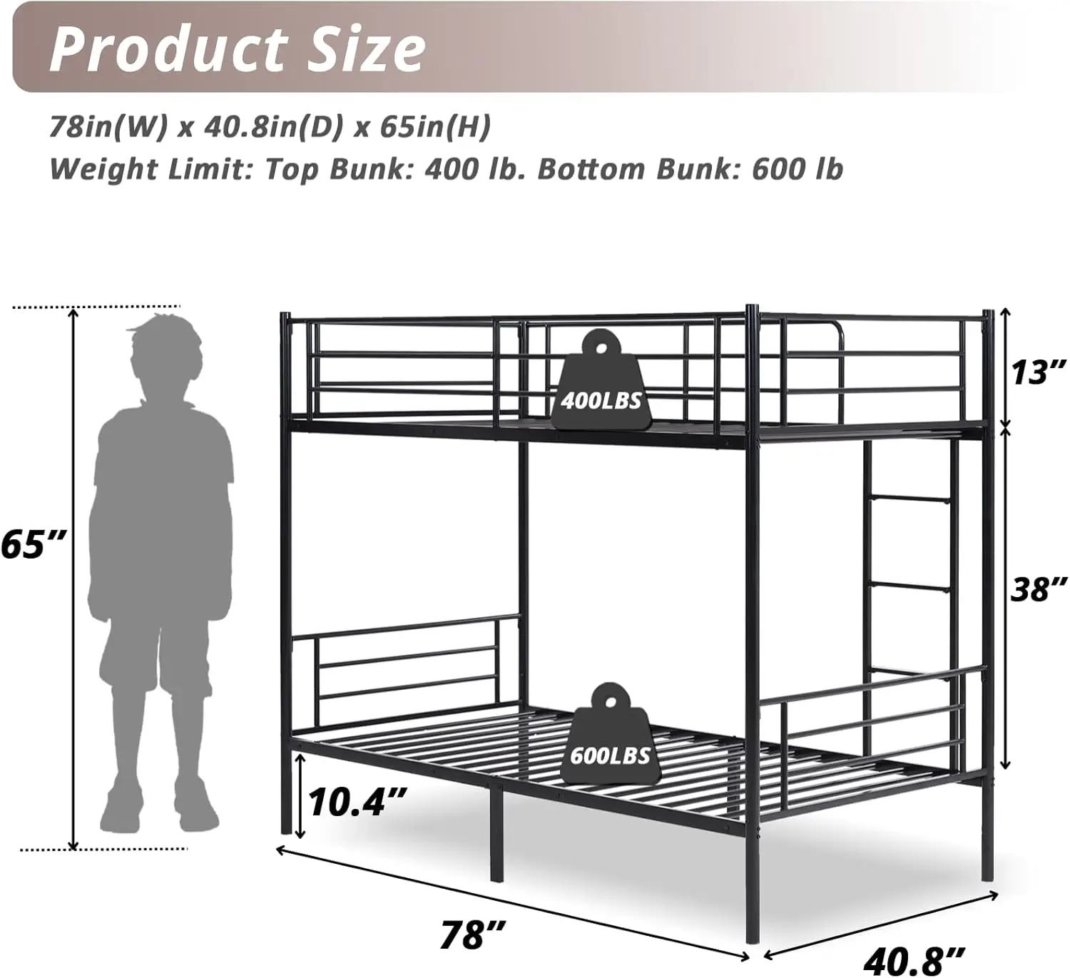 Black Bunk Bed Twin Over Twin, Metal Bunk Bed with Built-in Ladder and Safety Guardrail, Space-Saving Twin Bunk Beds for Kids