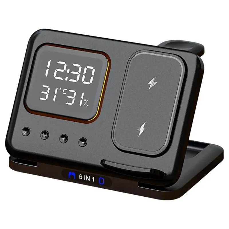 

Wireless Chargers Stand 5 In1 LED Digital Alarm Clock Fast Charging Dock Station For Iphone 15 14 Iwatch 8 Samsungs21
