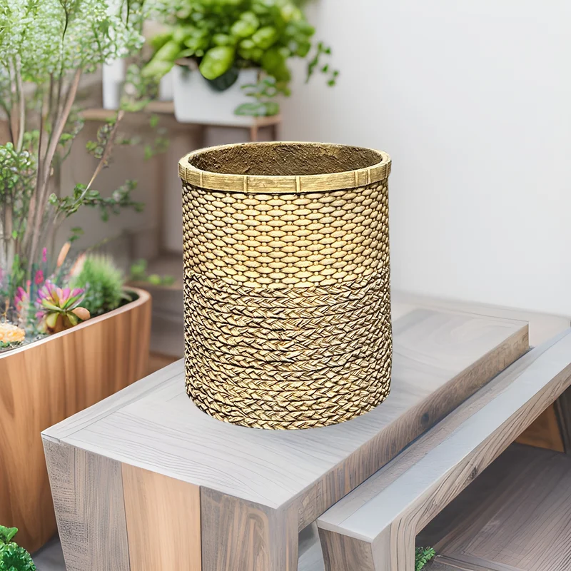 Cement flowerpot bamboo weaving home decoration office pastoral art indoor green plants landing handmade flowers