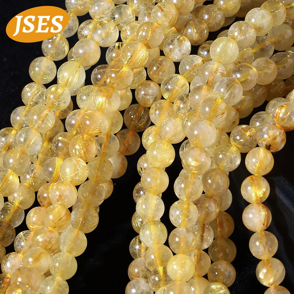 AAA Natural 22 inches Golden Rutilated Quartz Crystal Loose Stone Beads for Jewelry Making DIY Bracelet Necklace Accessories