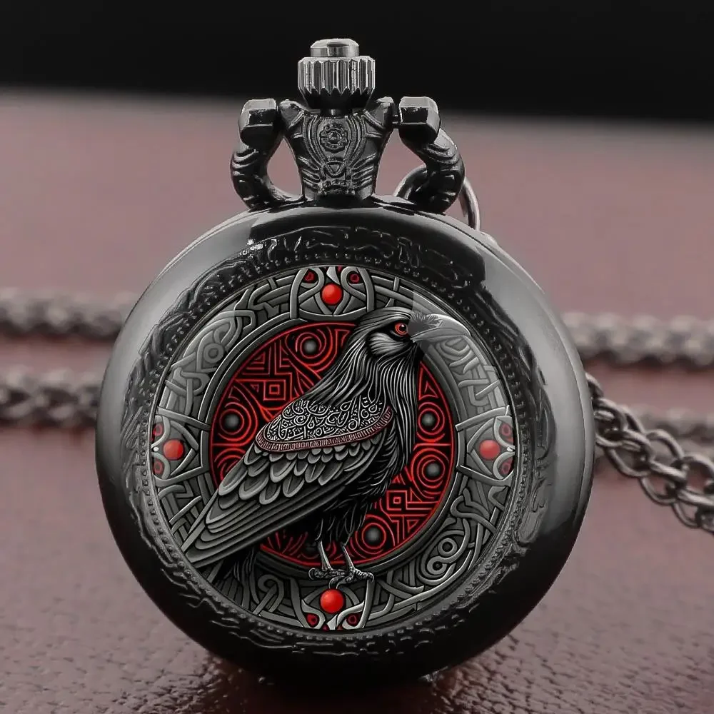 Gothic Black Raven Patterns Vintage Quartz Pocket Watch Arabic Dial Fob Watch Pendant Clock Gift for Men Women Reloj De Bolsillo
