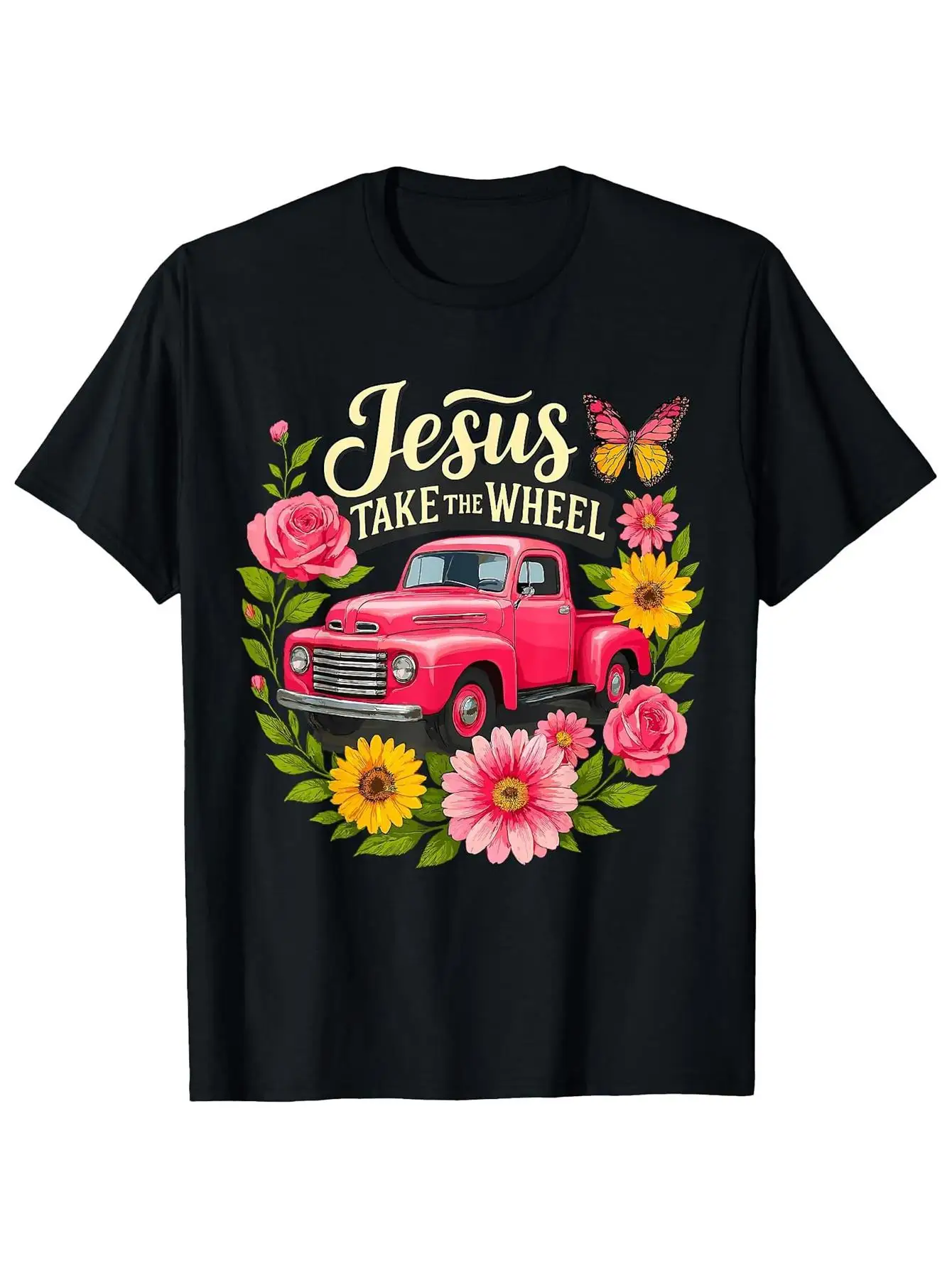Men's Christian Faith T-Shirt - Vintage Red Truck Design with Jesus at the Wheel and Scripture Text - Soft Black Short-Sleeve T-Shirt, Suitable for Church, Religious Gifts, Daily Wear - Men's Religious Apparel