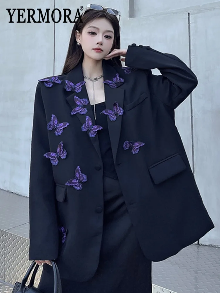 

YERMORA черный блейзер с вышивкой и бабочкой для женщин, свободная новая куртка с лацканами и длинными рукавами, модная весна-осень 2025