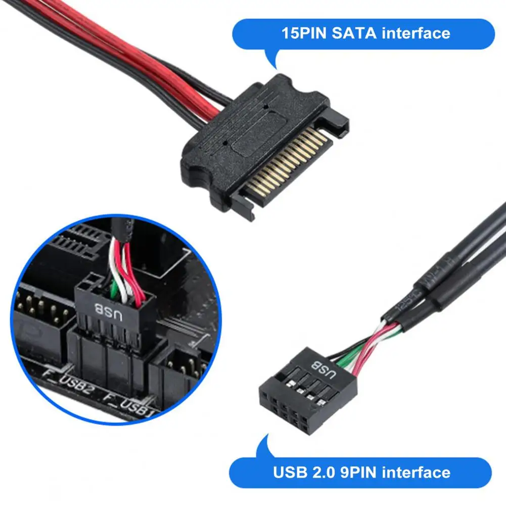 USB 2.0 Header Splitter com cabo de alimentação SATA, 1 a 4 9Pin Motherboard Header, Interno para CPU Cooling Fan, Luz RGB