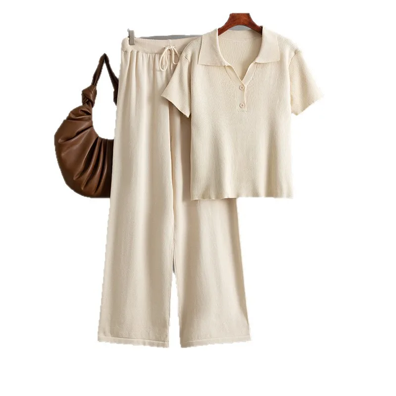 

Women's Casual Knitted 2-Piece Set Summer Elegance Button T-irt Casual Pants Long Sve Ne ort Sve Set