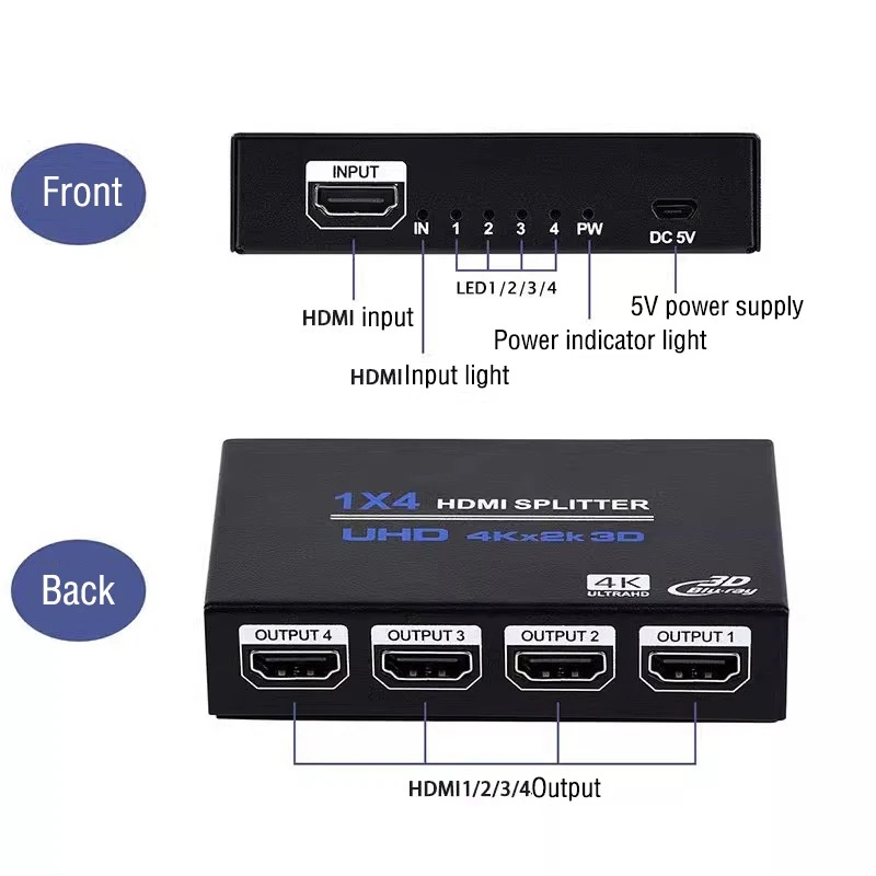 4Kx2K HD 1080P 4K 3D 1X4 HDMI Splitter 1x2 Video Distributor Converter 1 In 2 3 4 Out for PS3 PS4 Camera PC To Monitor Projector