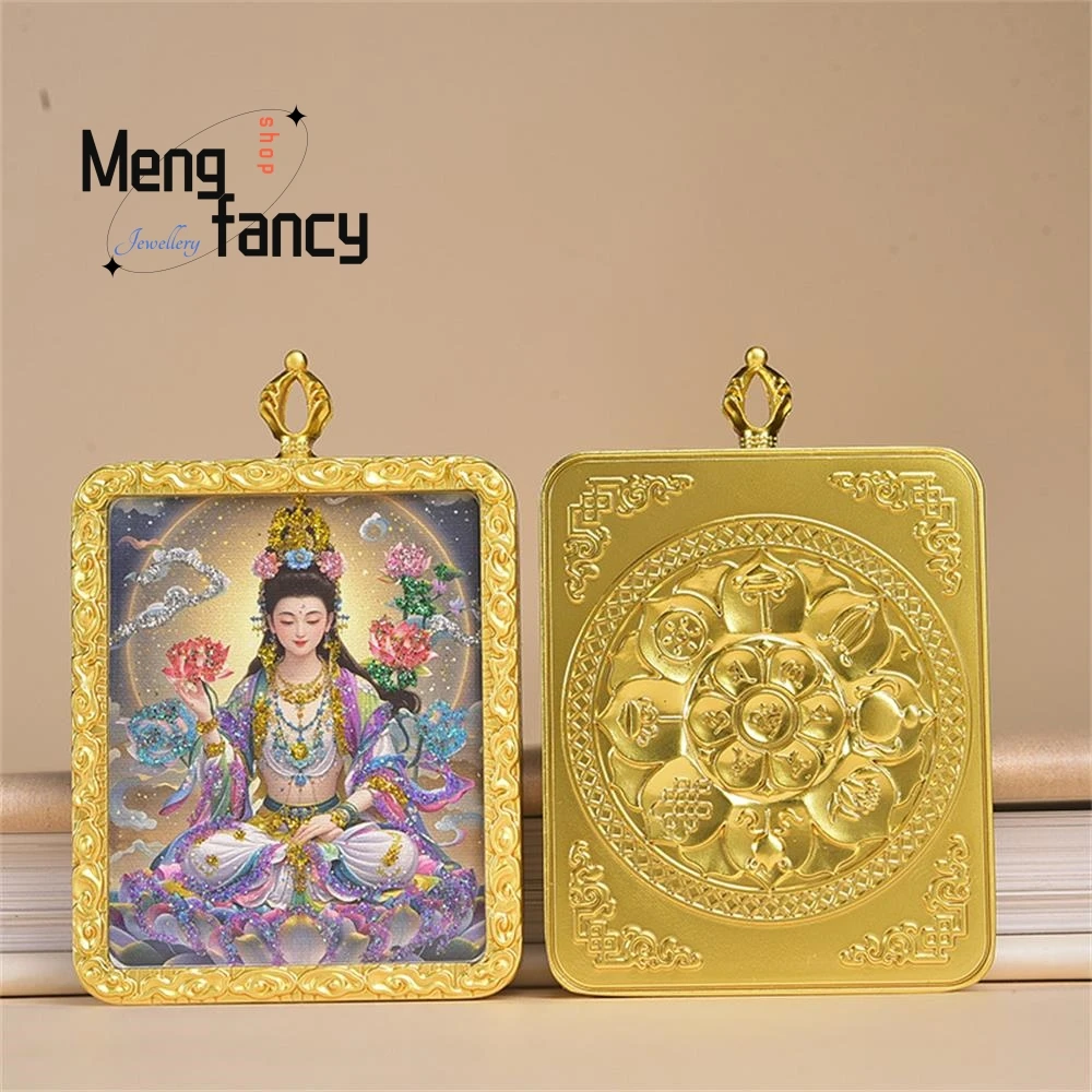 Hand-painted Gilded Thangka Box With Gold Foil Guanyin Bodhisattva White Crane God of Wealth National Style Pendant Fine Jewelry