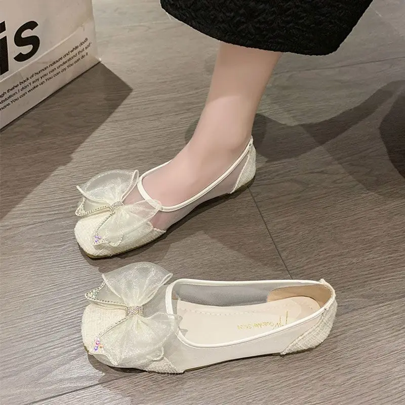 Kawaii Round Toe Flat with Bow Shoes for Women 2024 White Ladies Summer Footwear Cute Black Rhinestone Flats Diamond Crystals E