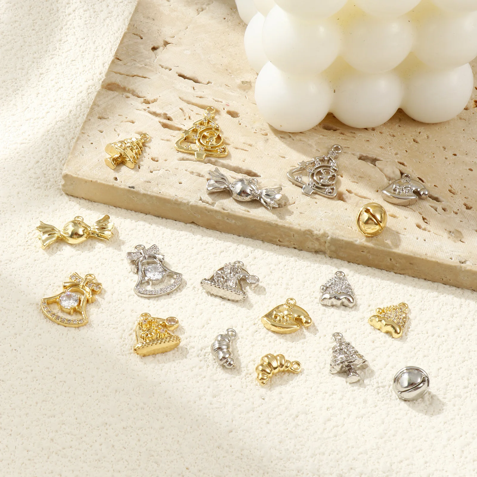 2Pcs Brass Christmas Charms Clear Cubic Zirconia Christmas Hat Bell Christmas Tree Pendants For Necklace Earrings Jewelry Making