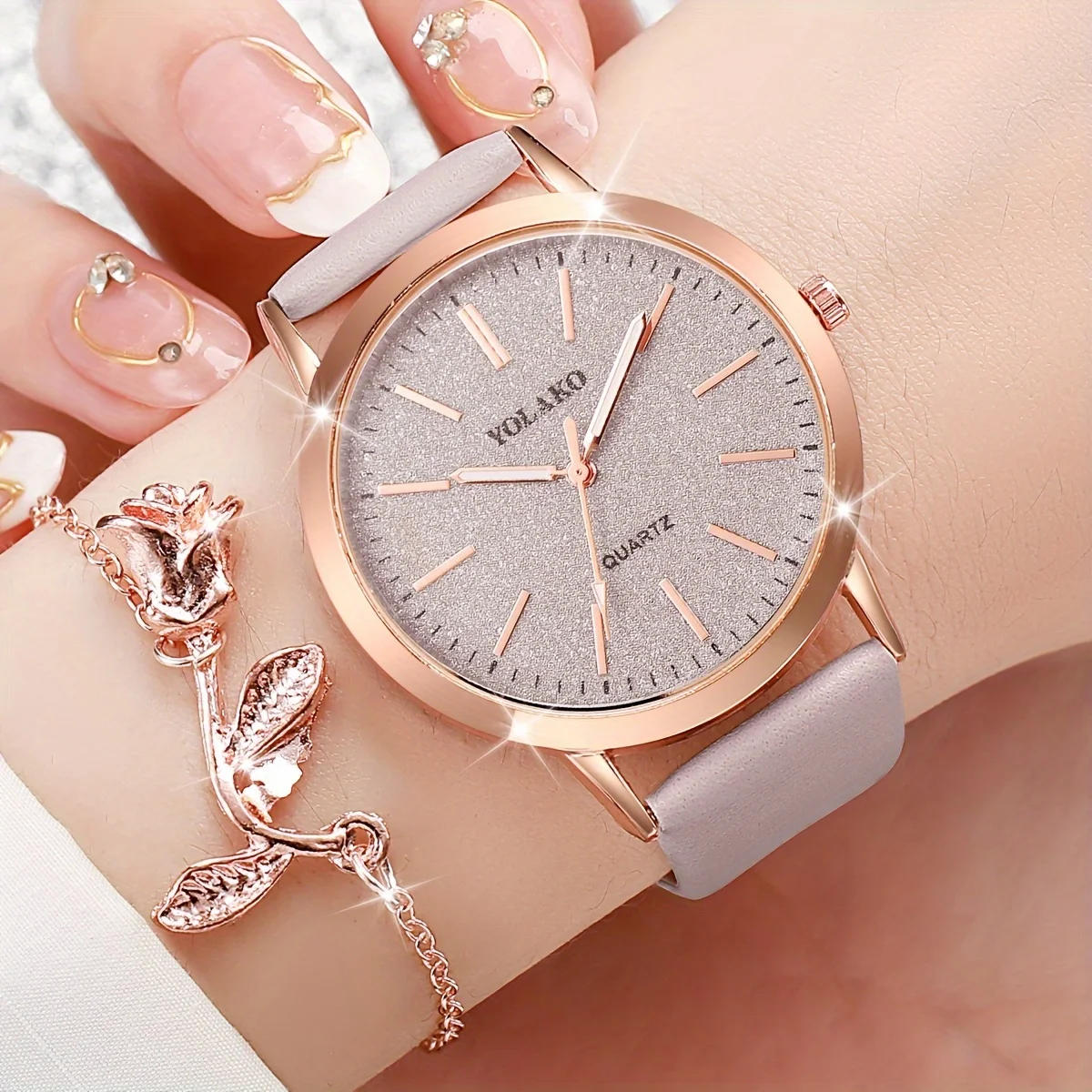 2PCS/Set Women\'s Watch Shiny Fashion PU Leather Analog Quartz Watches Rose Flower Bracelet