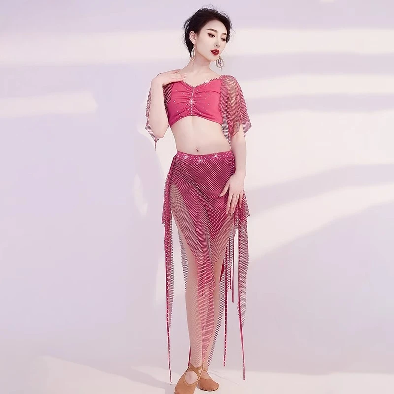 Trajes de dança do ventre personalizados brilhando conjunto de vestido de performance de dança oriental vestido de prática top de malha e saia
