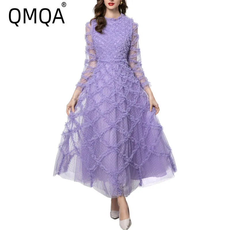 QMQA Fashion Women's Elegant Dress Round Neck Splicing Ruffles Long Sleeve High Waist Princess Dresses 2025 Female New QM485