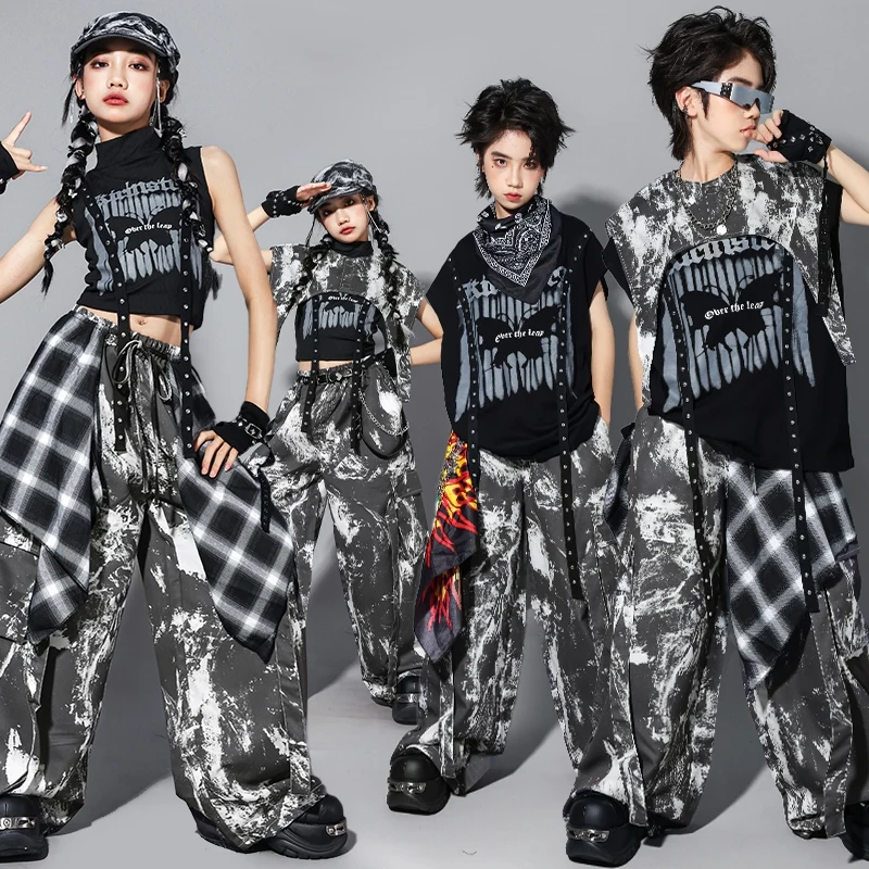 

Детская одежда, костюм для уличных танцев в стиле хип-хоп, камуфляжные брюки, черный топ большого размера, футболка, детская одежда для джазовых танцев AMY2204
