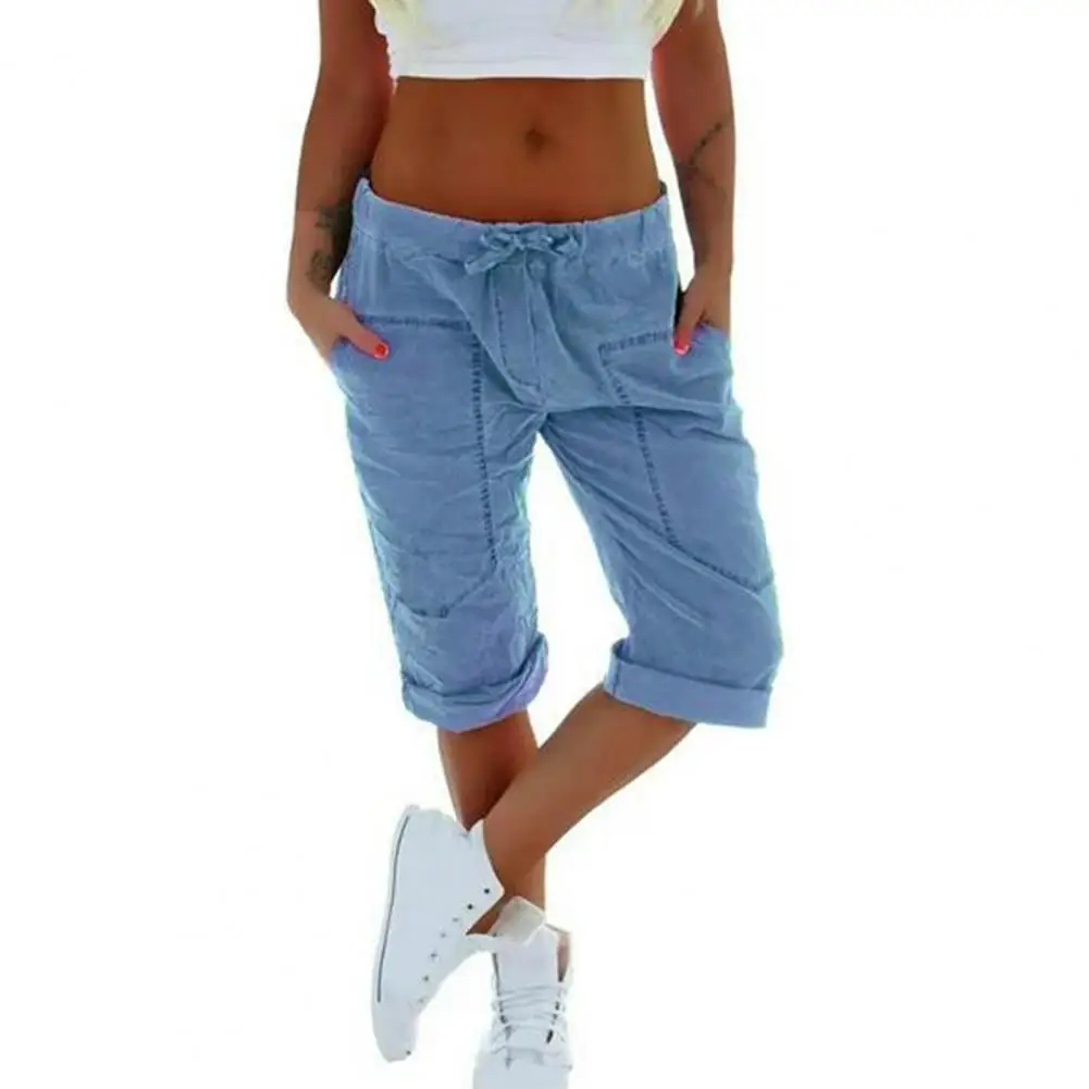 Women Pants Summer Ladies 3/4 Trousers Casual Solid Color Low Rise Drawstring Pockets Sports Pants Shorts For Female