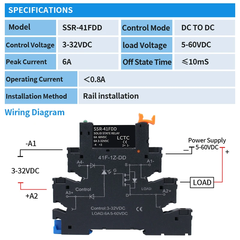 LCTC 10PCS Slim Relay SSR Non-contact DIN Rail Terminal Solid State Relay Module DC TO AC DC TO DC LED 6A SSR-41FDA SSR-41FDD