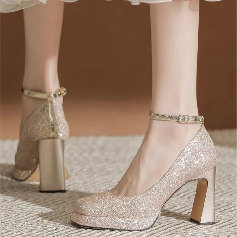 FHC 2024 Spring Wedding Shoes,Crystal High Heels,Women Pumps,Square Toe,Ankle Buckle Strap,Shining Champagne,Silver,Dropship