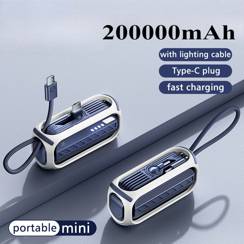 20000mAh Mini Power Bank Built-in Cable External Replacement Battery Portable Fast Charger for iPhone Samsung Xiaomi