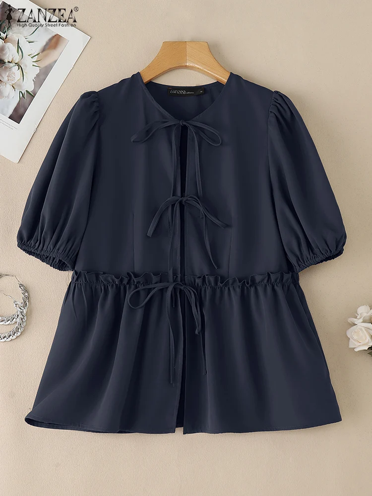 

ZANZEA модная летняя блузка женская корейская туника топы 2025 элегантные офисные женские рубашки однотонные с рюшами на шнуровке повязки повседневные Blusas