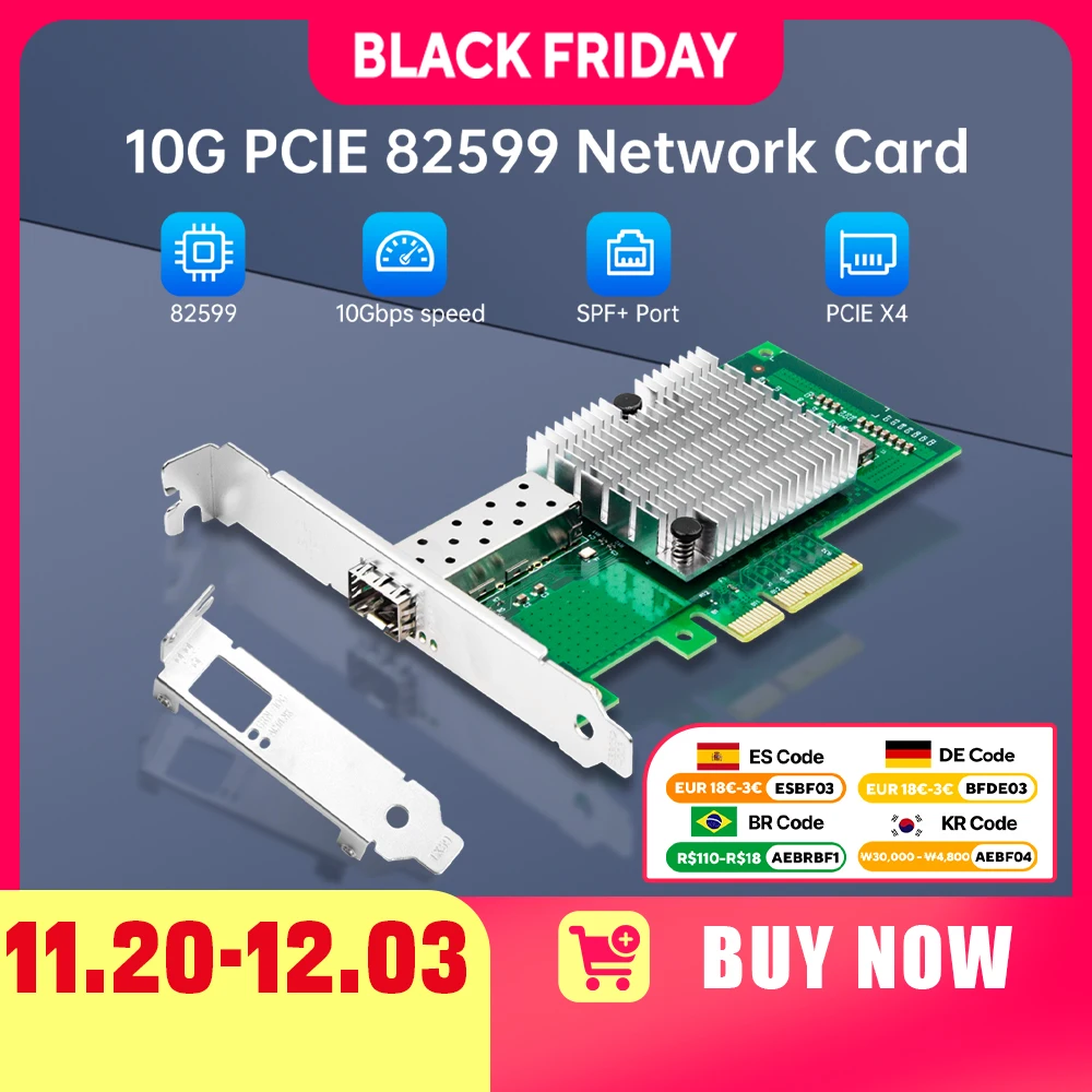 

Сетевая карта 10G PCIE X4 SFP+ Ethernet для 82599 X520-DA1, оптоволоконный адаптер PCIE, 10000 Мбит/с, прямой гигабитный для сервера
