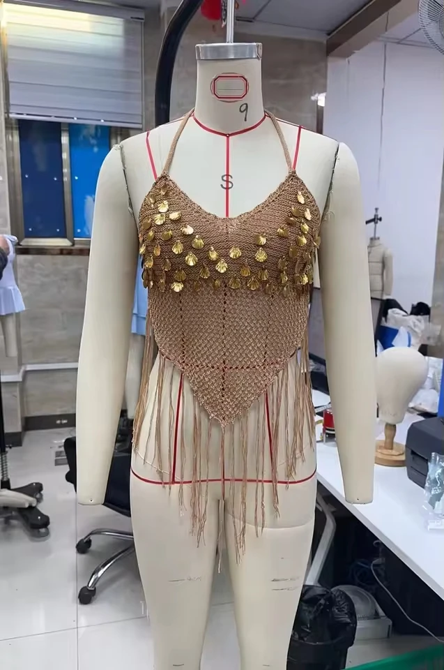 2026 New Women Sparkly Sequin Fringe Knit Crop Halter Top Boho Hollow Out V Neck Sleeveless Open Back Tassel Tank Tops Cover Up