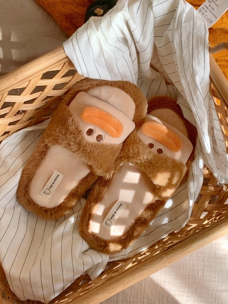 Cute Fur Funny Home Slippers For Women 2024 Autumn And Winter Slippers Warm And Non Slip Straight Cotton Slippers