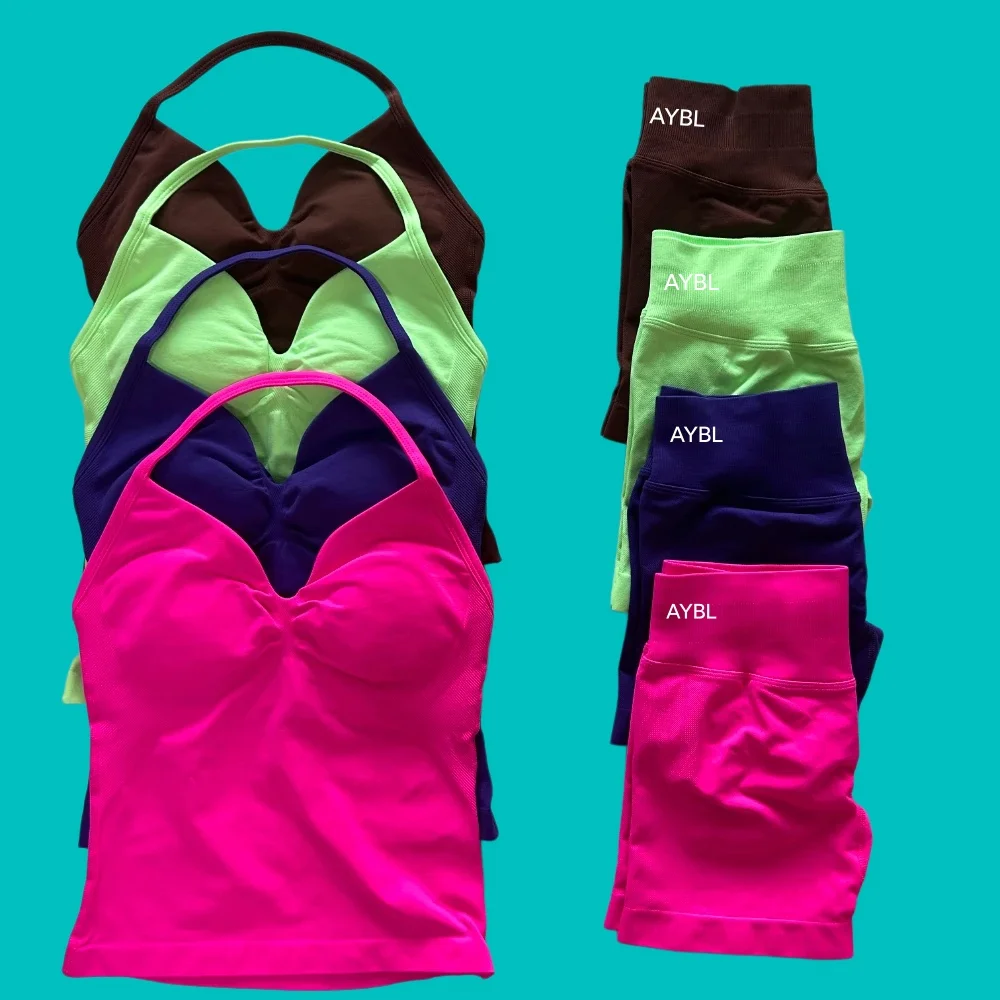 

2PCS Yoga Outfit Women Halter Neck Tank Top & High Waist Shorts Seamless Workout Set Gym Fitness Yoga Clothes