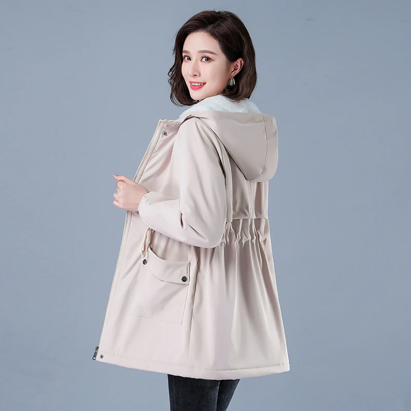 

Winter Jacket Cotton Warm Puffer Coat Women Casual Parkas With Lining Plush hooded trench Outwear Women's Clothes