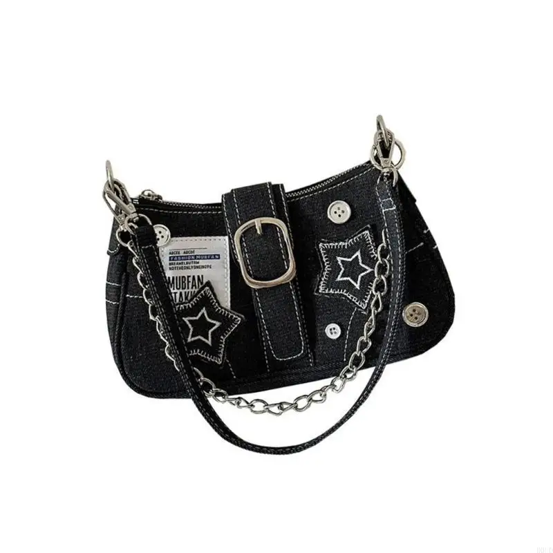 

D0UD Women Aesthetic Handbag Chain Shoulder Bag Star Underarm Bag Top Handle Purse Shopping Dating Bag Denims Armpit Bag