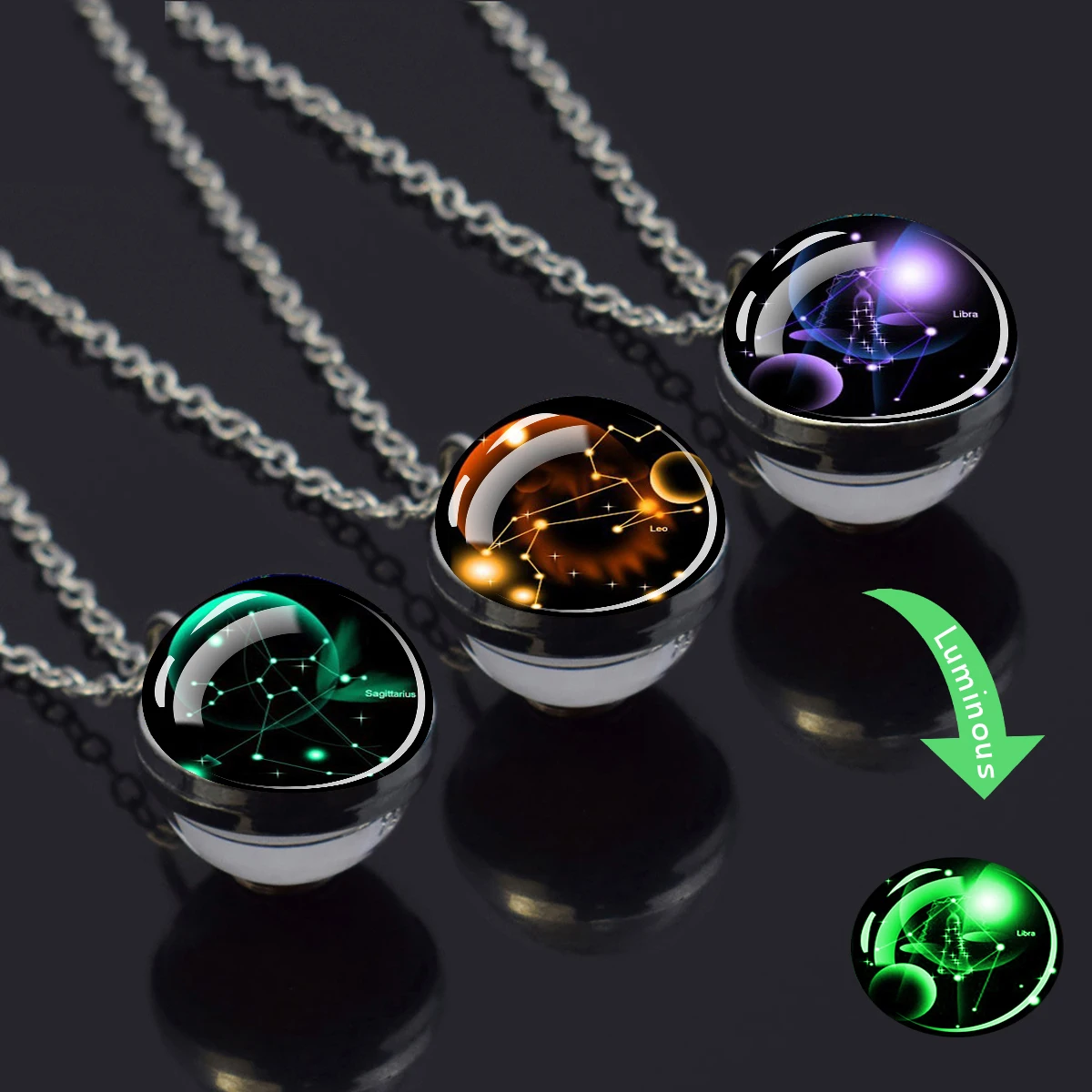 Vintage Fashion Labels - 12 Zodiac Sign Necklace Luminous Glass