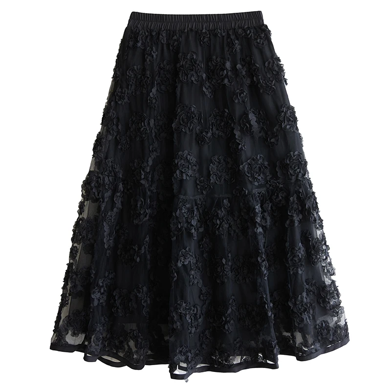 NYFS 2025 ฤดูร้อนใหม่VINTAGE Elasticเอวกระโปรงผู้หญิงแฟชั่นสีดําตาข่ายหัตถกรรมดอกไม้กระโปรงยาว