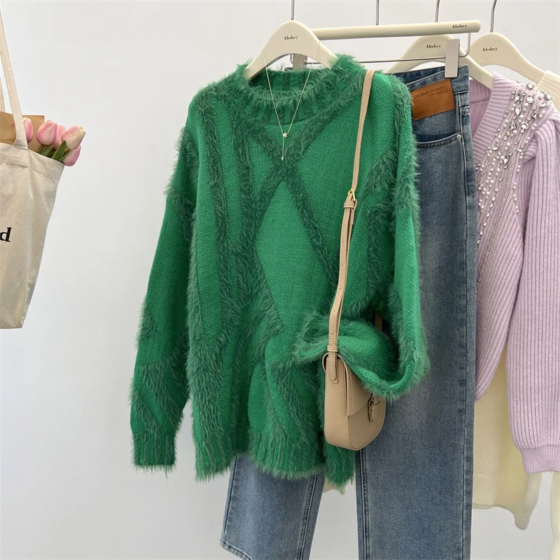 2024 New Oversize Fall Winter Green Jacquard Knitted Pullovers Jumper Korean Women Round Collar Thick Warm Mohair Loose Sweater