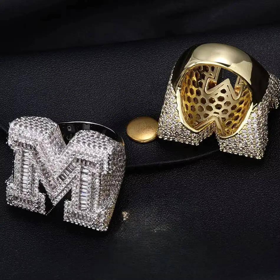 RB GEMS Custom Moissanite Letter Cuban Hip Hop Men's Ring S925 Solid Silver VVS Moissanite Name Ring Party