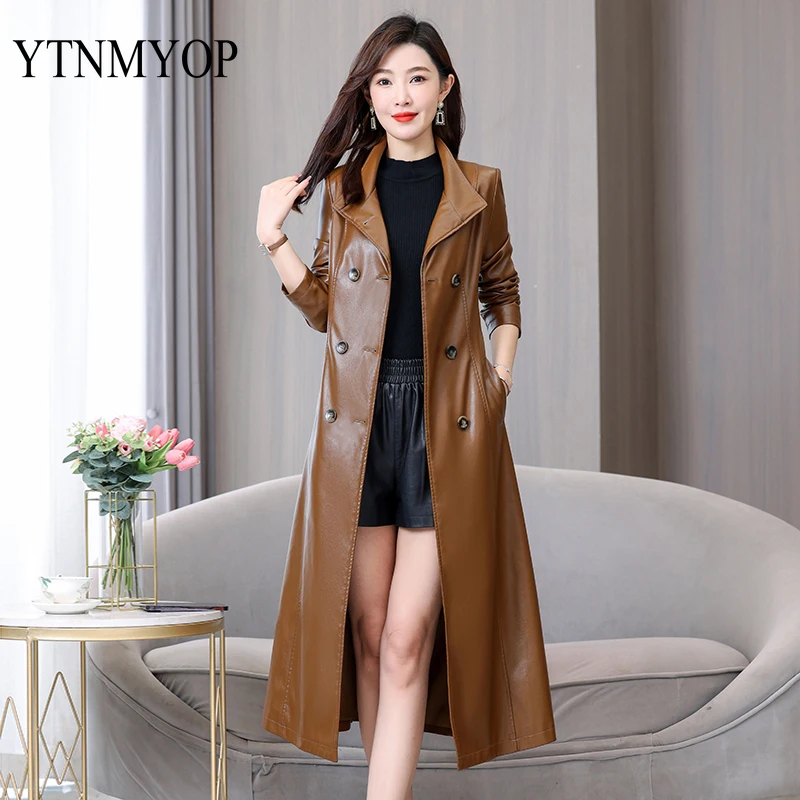 Long Trench High Quality Leather Jacket Women M-7XL X-Long Coat Belt Slim Fashion Mandarin Collar Faux Leather Clothing Outwear