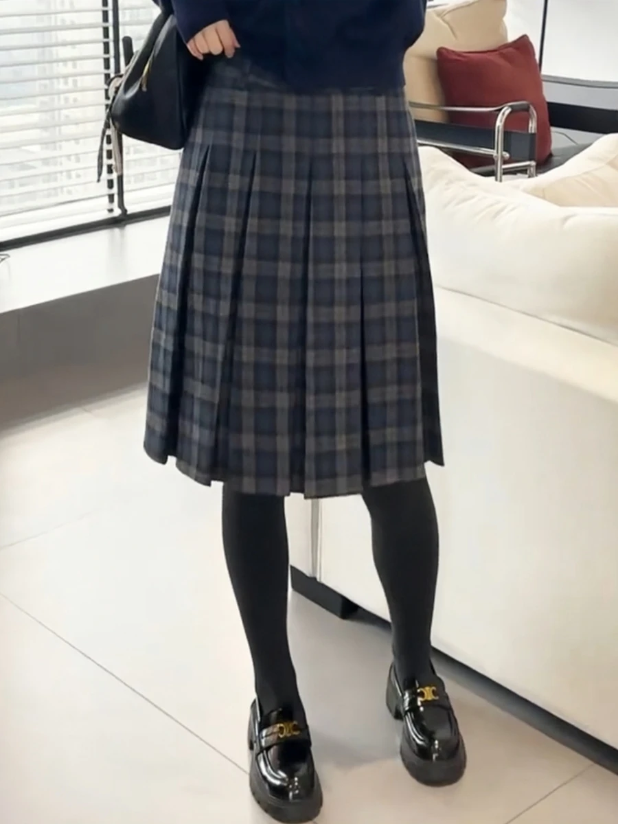 Retro Tweed Plaid A-Line  Skirt Women's Early Autumn Winter High Waist Slimming Versatile Half-length Skirt