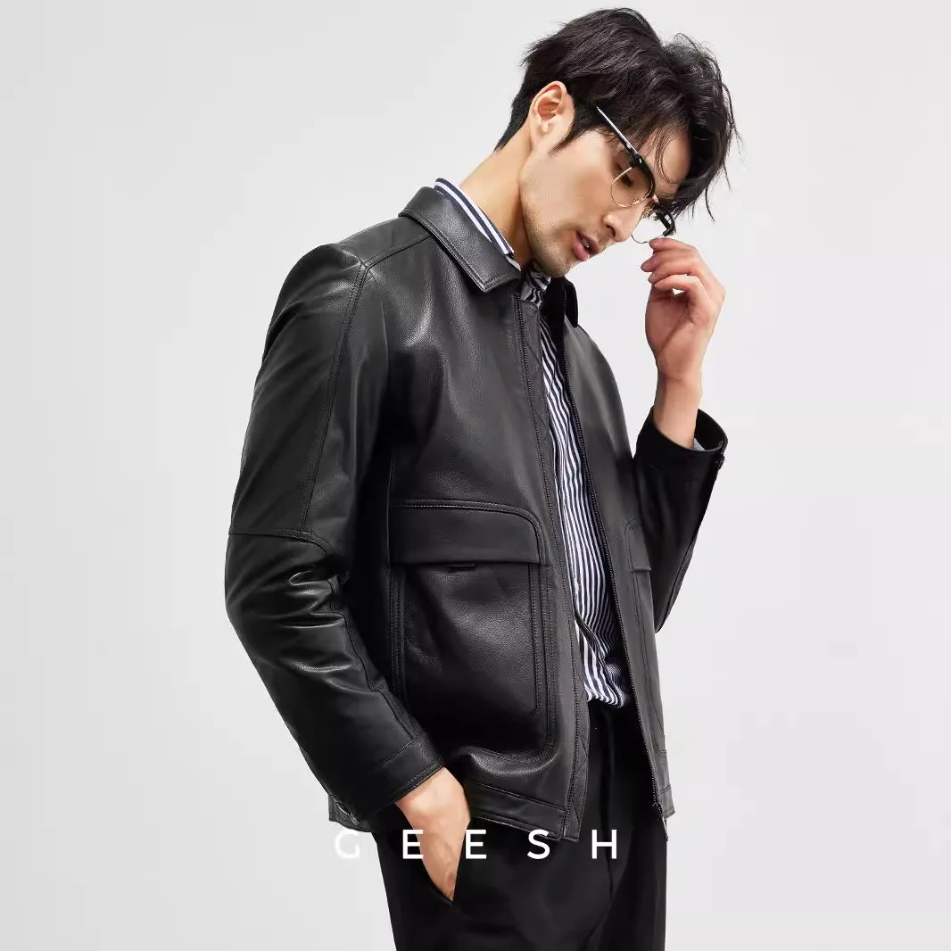 1-C2    Genuine Leather Men's High-grade Top-layer Calfskin Lapel Casual Autumn New Leather Jacket Men's Coat