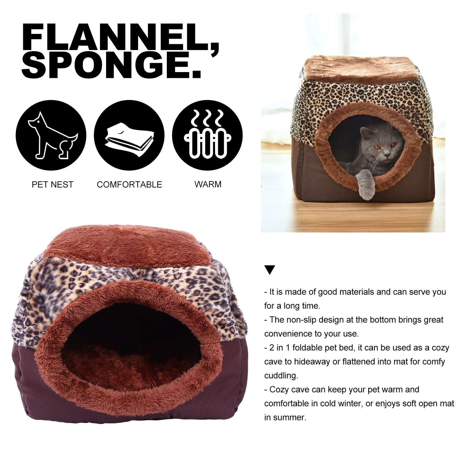 

1pc Cat Bed -In-1 Foldable Pet House Reversible Fleece Mat Anti-Slip Bottom For Cats Small Dogs Pet Supplies